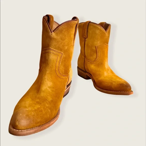 Frye Billy Short Camel Suede Leather South Western Pull On Cowboy Ankle Boots - Picture 9 of 16